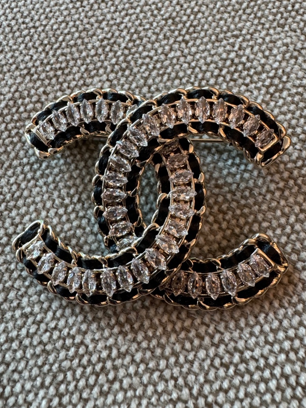 Limited Edition Classic Chanel Large CC Bling Crystal, Leather and Gold Brooch